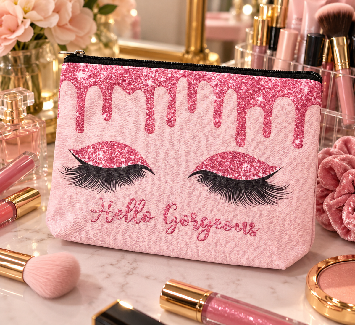 Hello Gorgeous Pink Glitter Lash Makeup Bag